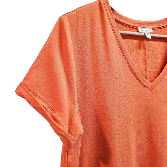 Garnet Hill Orange Tencel Terry V-Neck Shirt Dress Size Medium Pockets Stretch - Picture 5 of 10